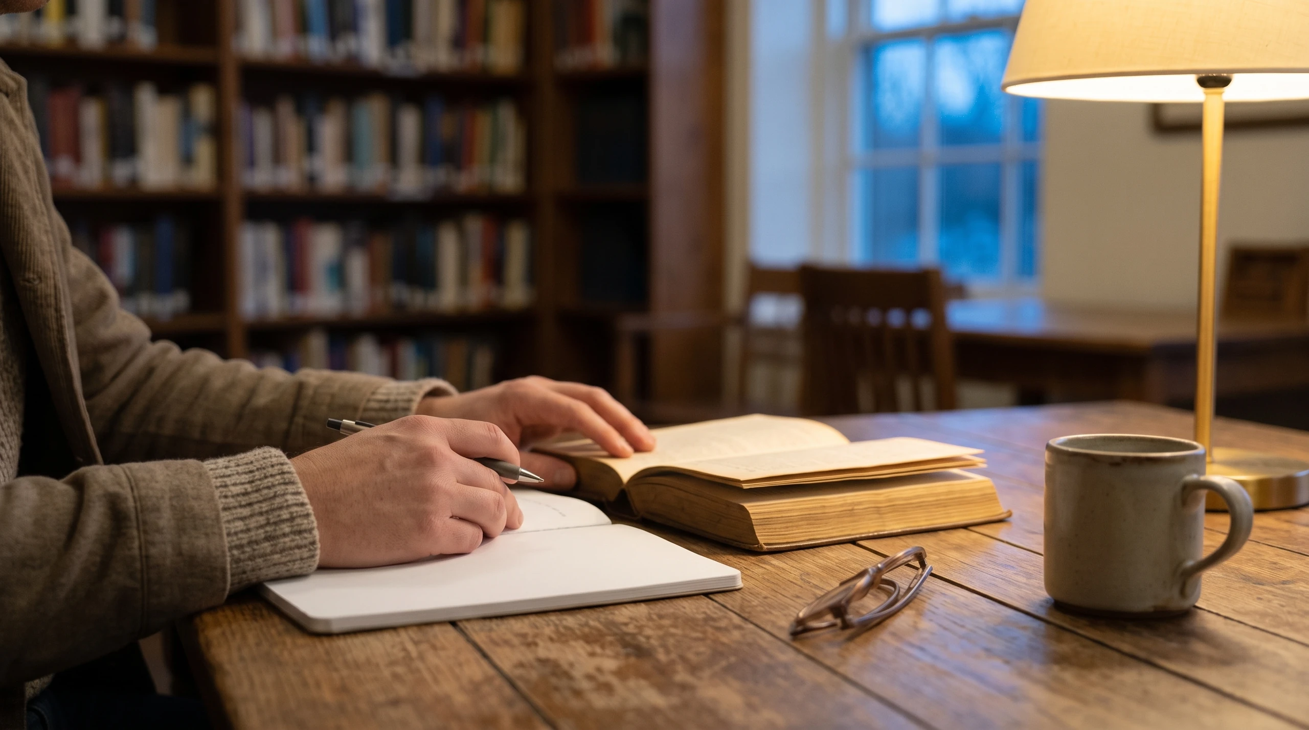Pessoa sentada à mesa de madeira em ambiente de estudo escrevendo ao lado de livro aberto, com óculos, caneca e luminária de luz quente.